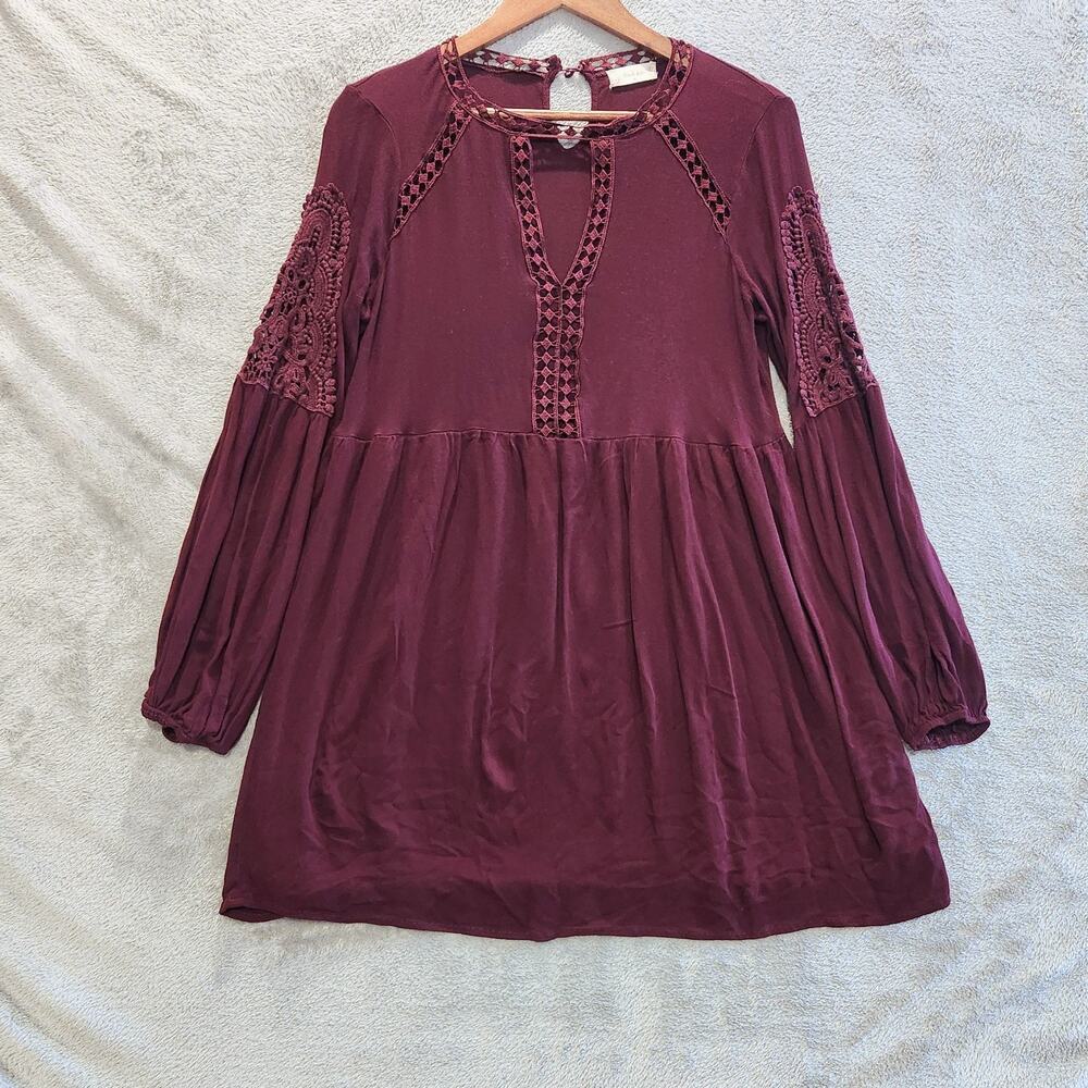 Altar'd State Maroon Babydoll Floral Crochet Long Sleeve Mini Dress Size Medium